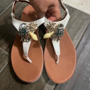 Fitflop White Tan Sandals with Elegant Bead Detail